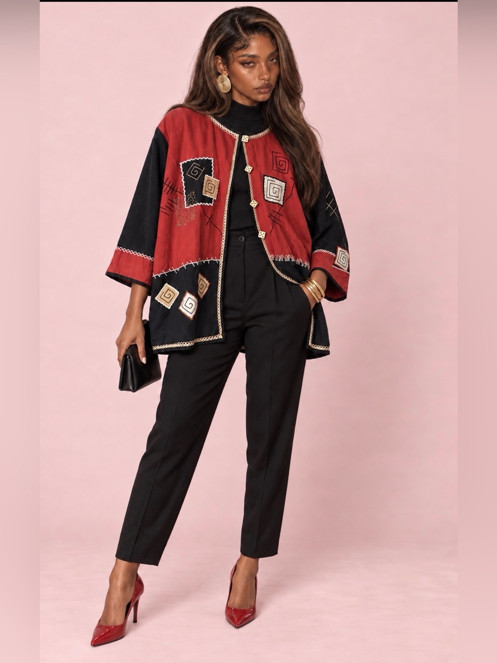Vintage Red & Black Art-to-Wear Patchwork Jacket – Size 22/24